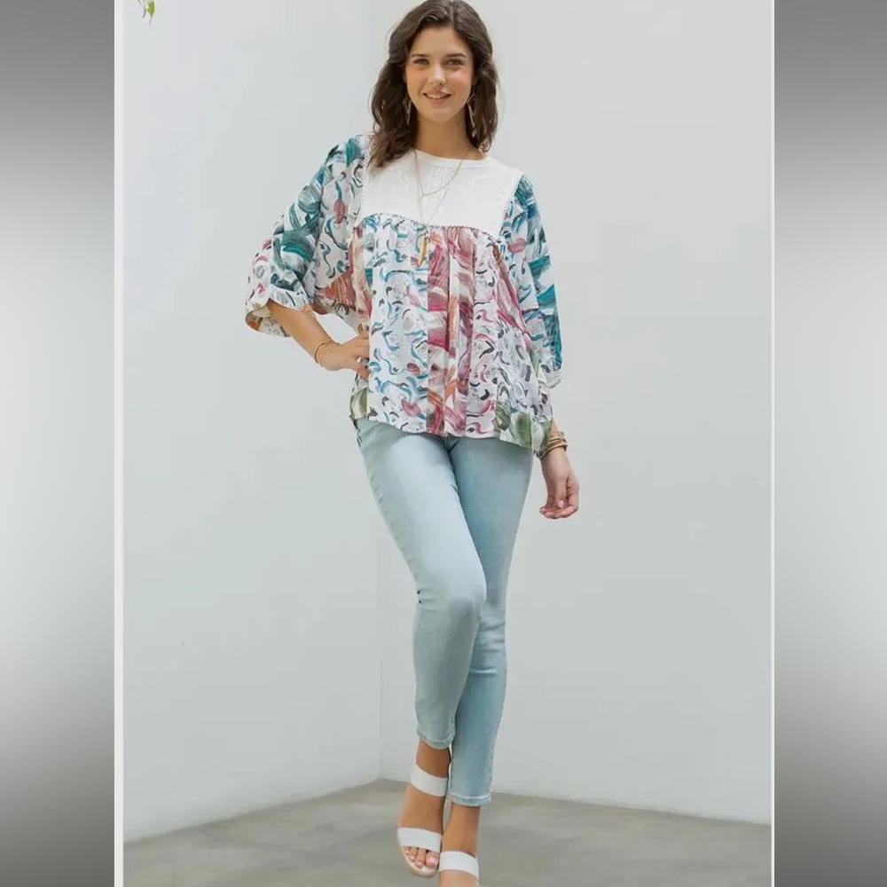 Young Threads Floral Abstract Patterned Dolman Sleeve Blouse Large - Picture 2 of 8
